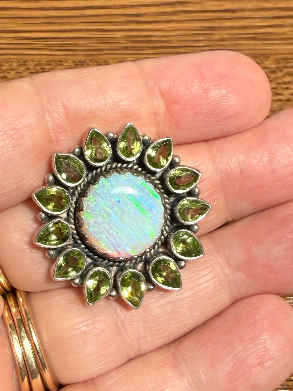 Heavens Aurora Opal snd  Peridot Cluster Ring by Hespera